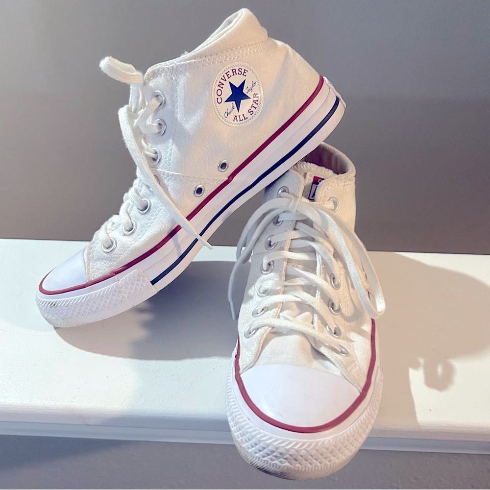 Converse White High-Tops with Red and Blue Stripes